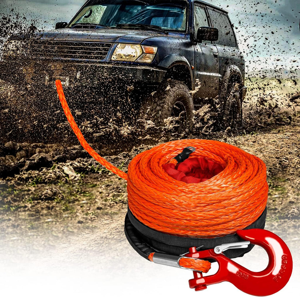 3/8" x 100ft Synthetic Winch Rope with Hook and Sleeve Protection Orange Recovery Cable Rope J55267