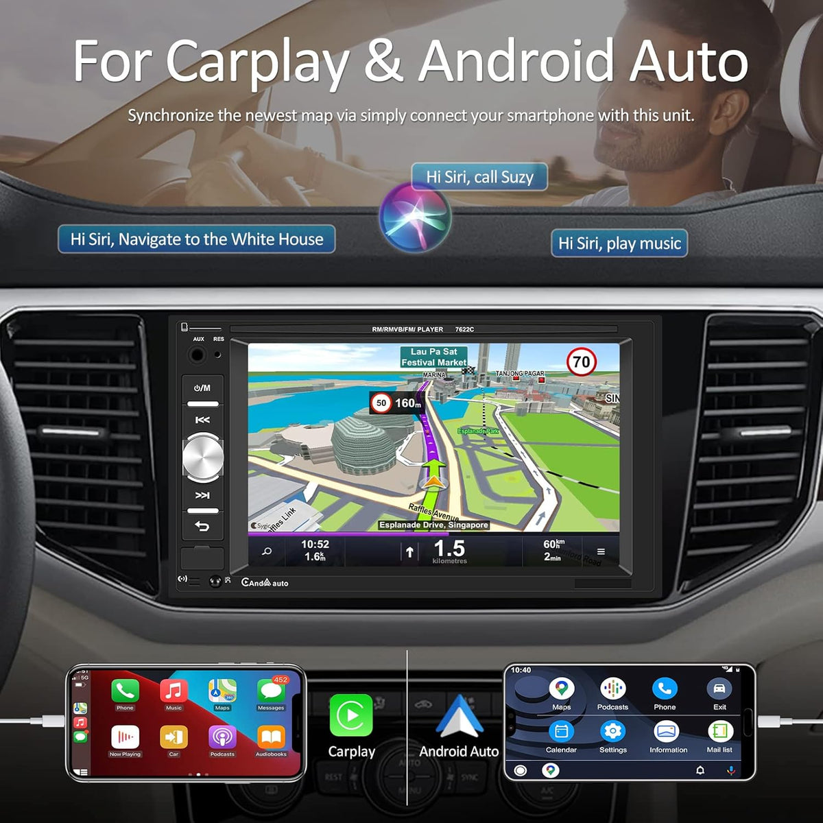 6.2" Touch Screen Car Stereo with Carplay Android Auto Bluetooth Backup Camera H26084