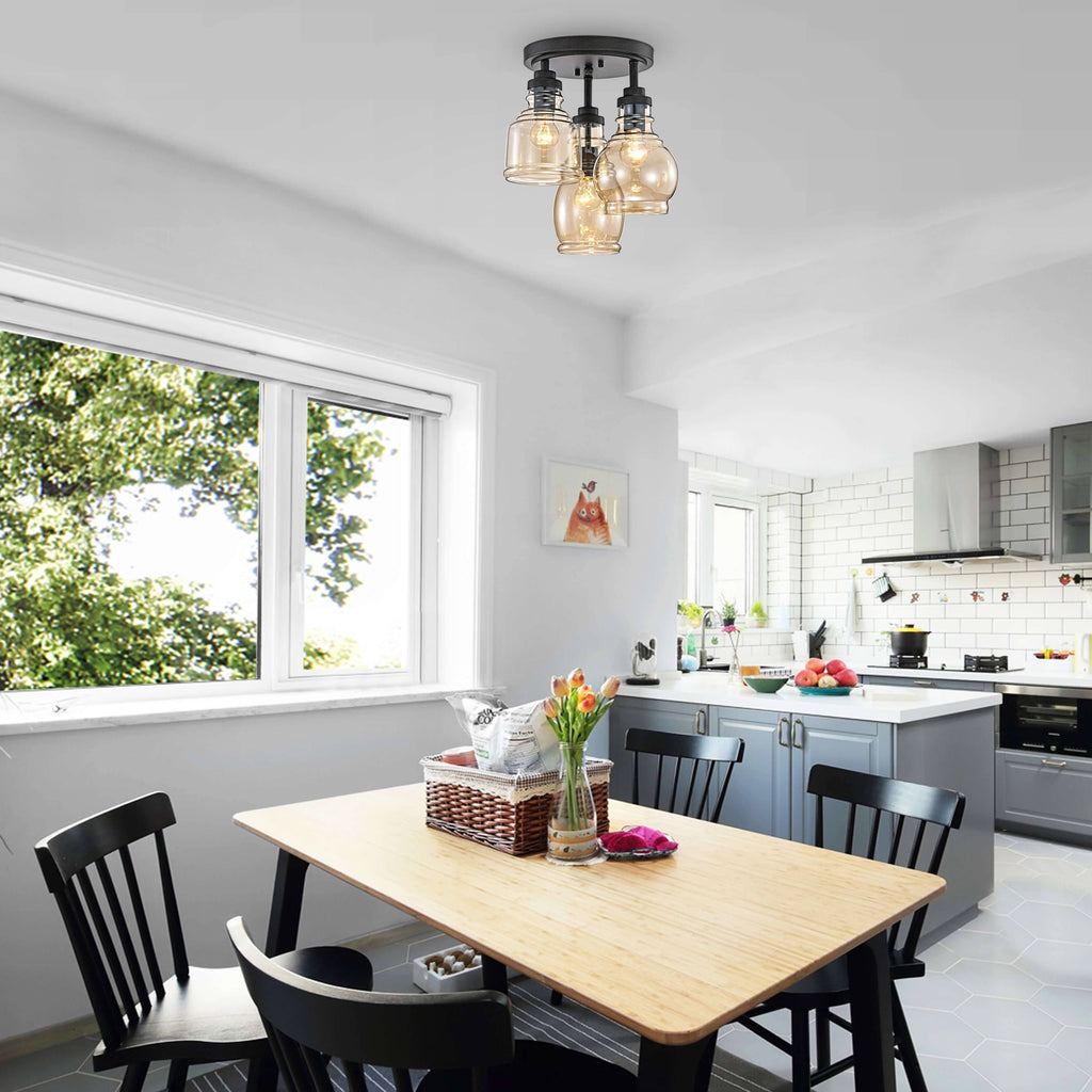 Antique Black 3-Light Flush Mount with Cognac Glass Shade K91327
