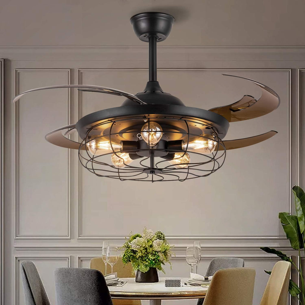 Black Vintage Cage Retractable Blades Ceiling Fan A972712