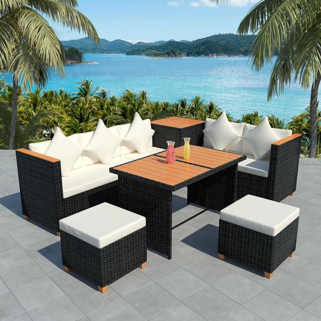 7 Piece White Cushioned Poly Rattan Outdoor Furniture Set I29689