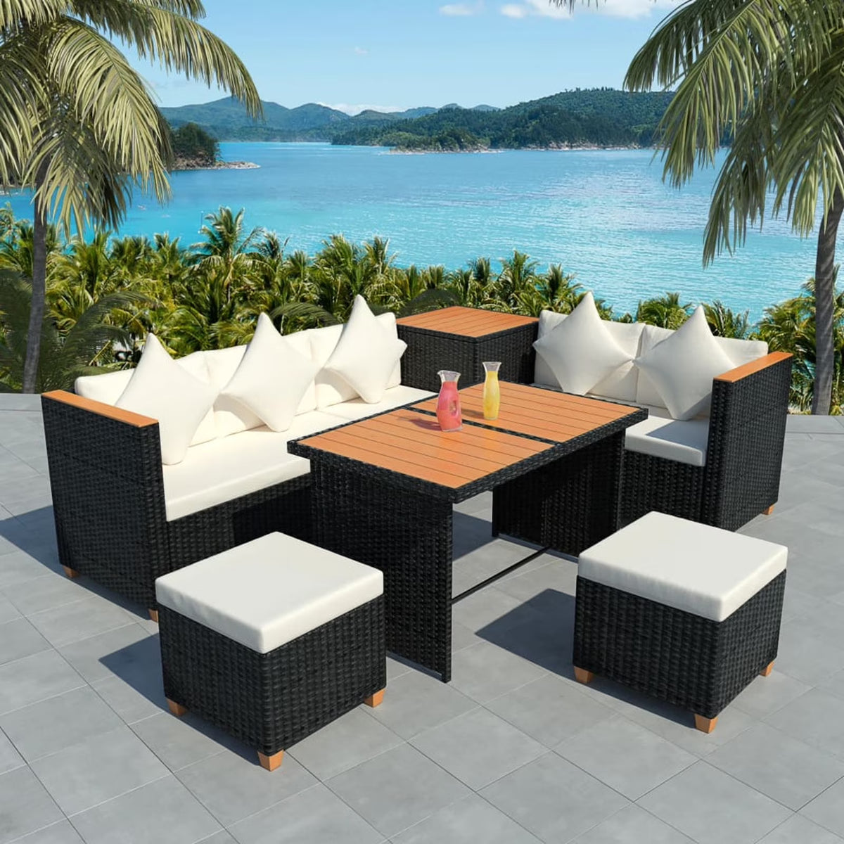 7 Piece White Cushioned Poly Rattan Outdoor Furniture Set I29689