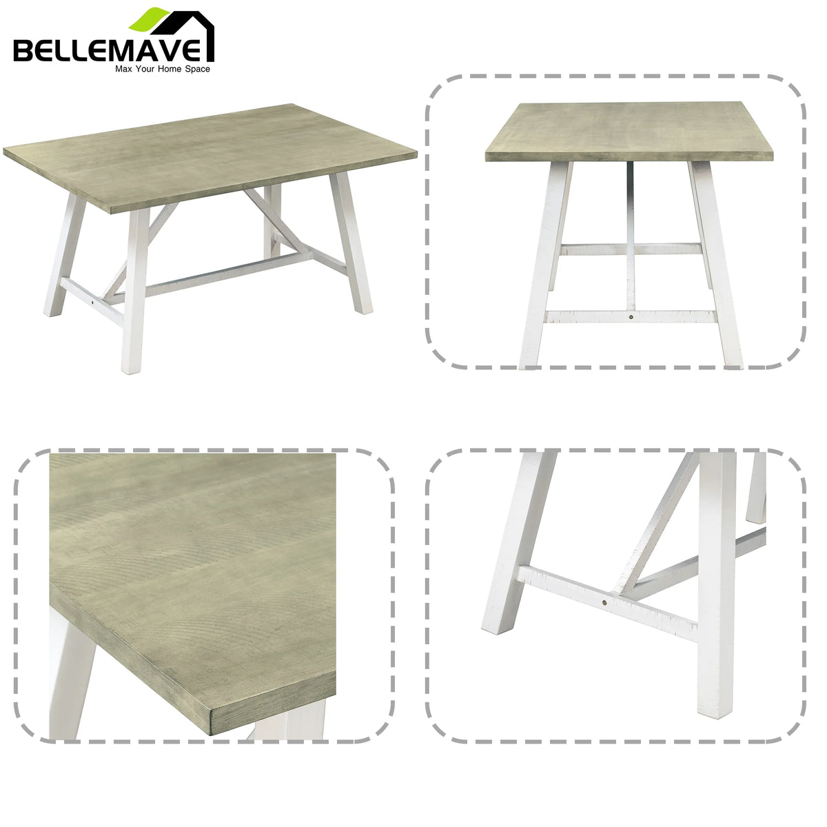 White 6 Piece Wood Counter Height Dining Table Set with 4 Chairs and a Bench L168