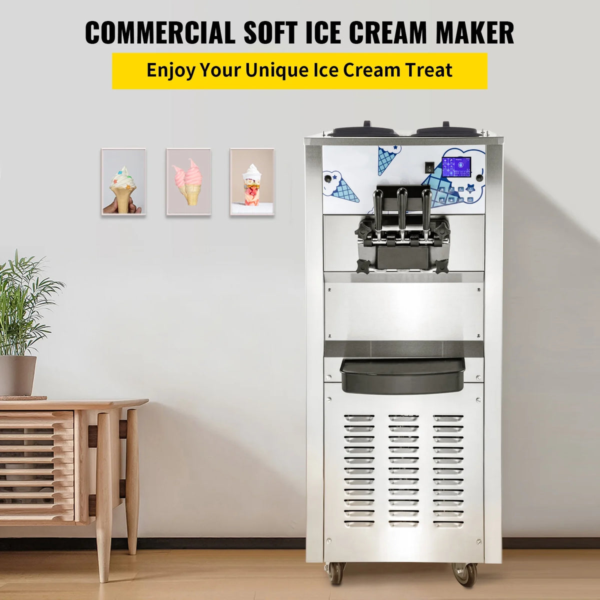 Commercial Ice Cream Maker 2500W with Two 12L Hoppers Soft Serve Machine with 3 Flavors Compressor LCD Panel G78419