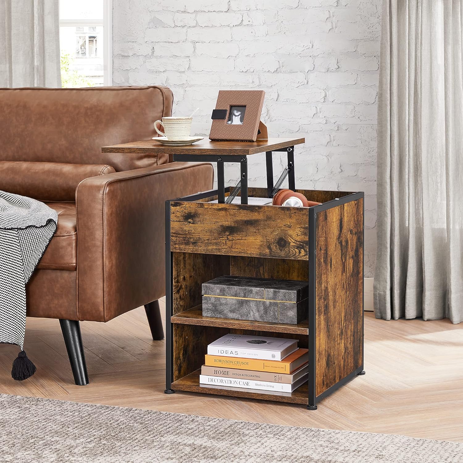 Rustic Brown and Black Nightstand with Lifting Top H428195