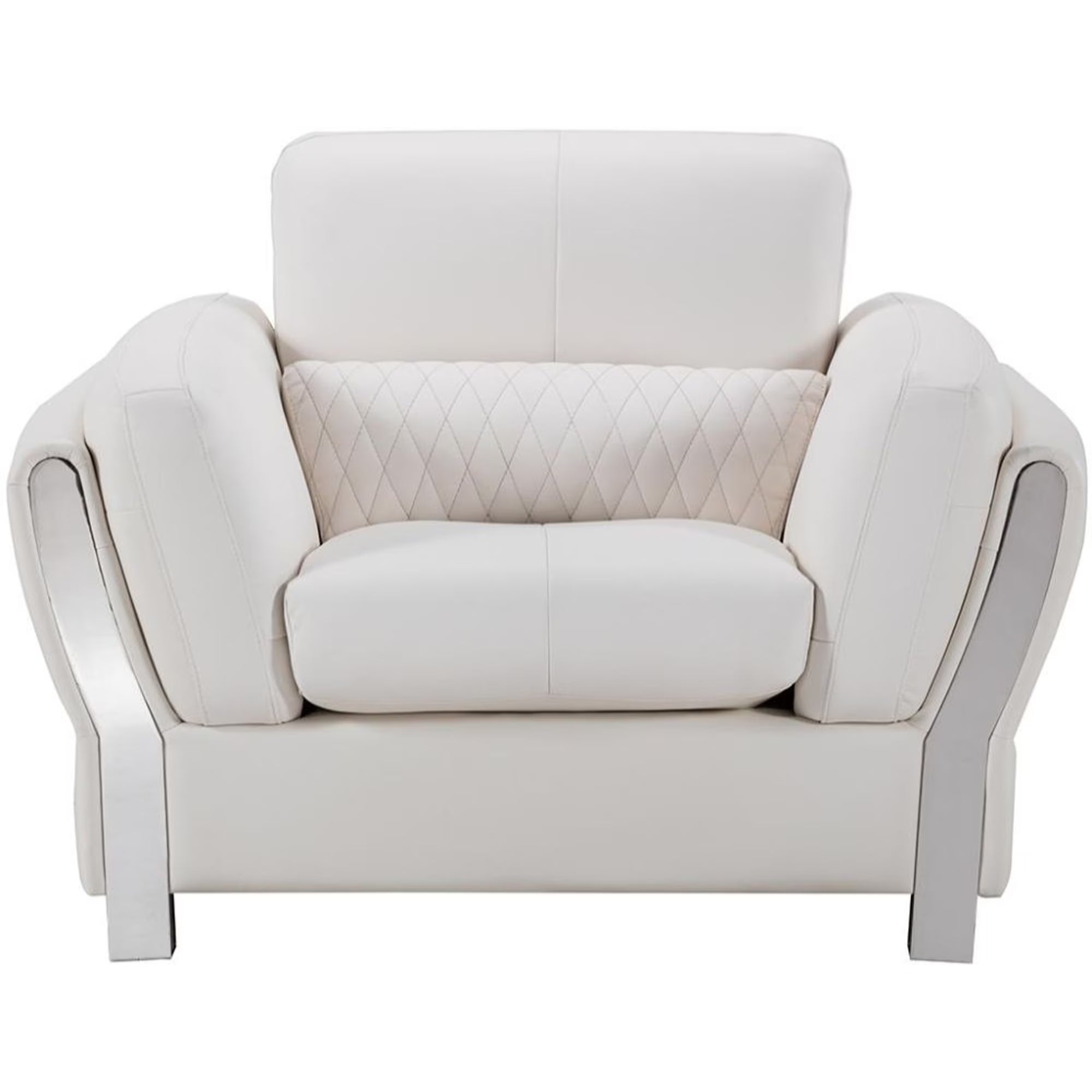 White and Silver Faux Leather Wooden Sofa Chair with Attached Lumbar Cushion B265435