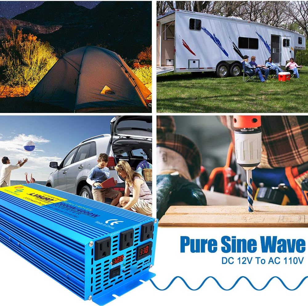2000 Watt Pure Sine Wave Power Inverter 12V DC to 110V AC Converter with LCD Display B712772