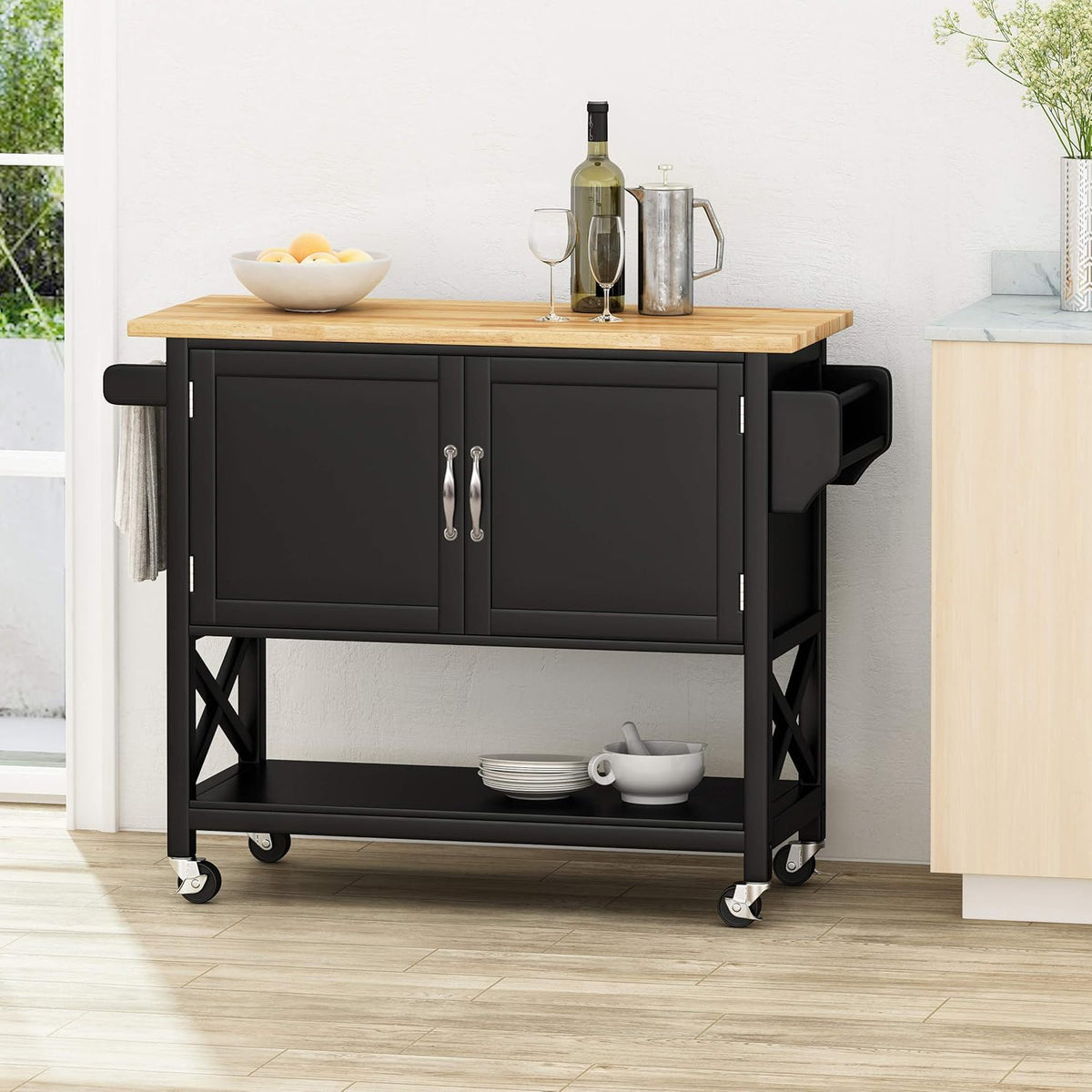 Black Natural Kitchen Cart with Wheels T454