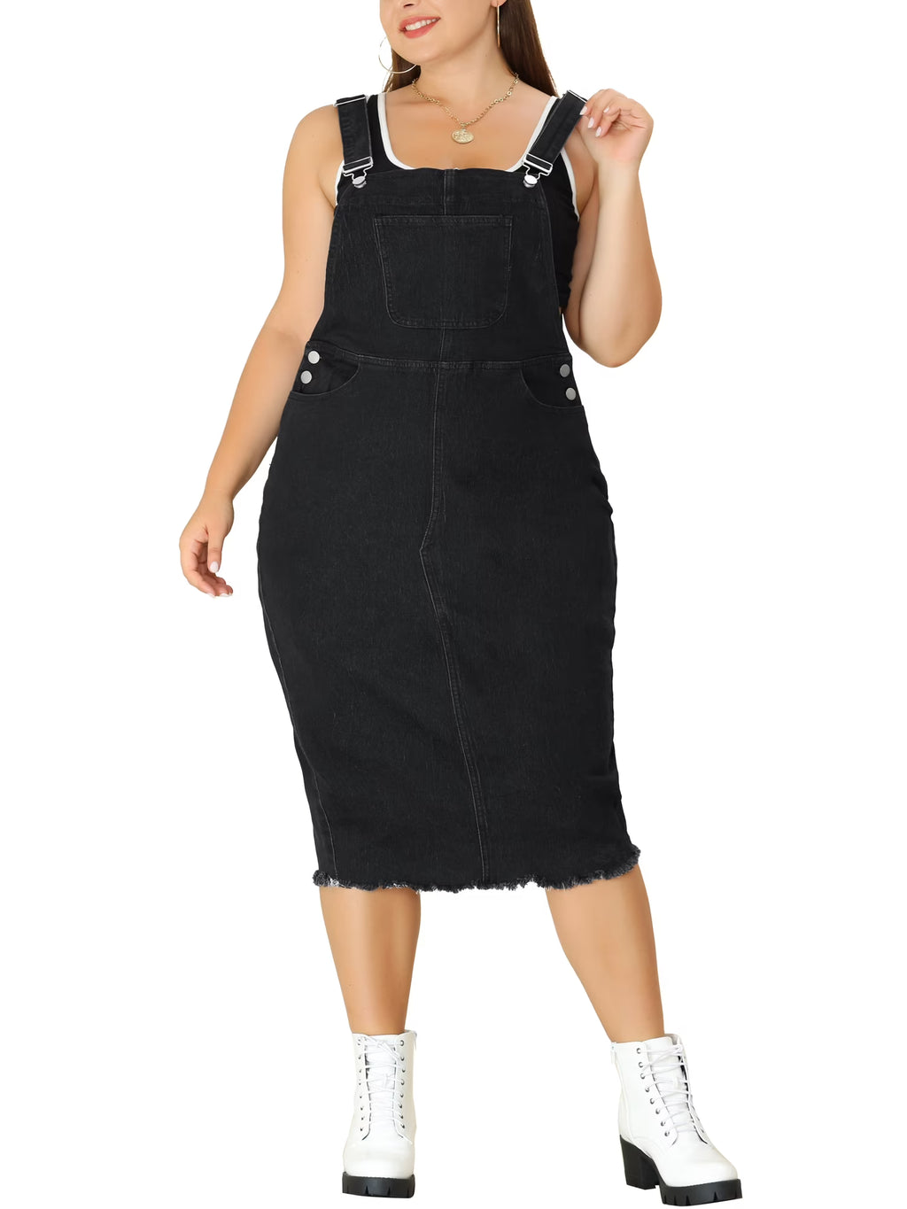 Plus Size Bodycon Raw Hem Denim Midi Overall Dresses C770336