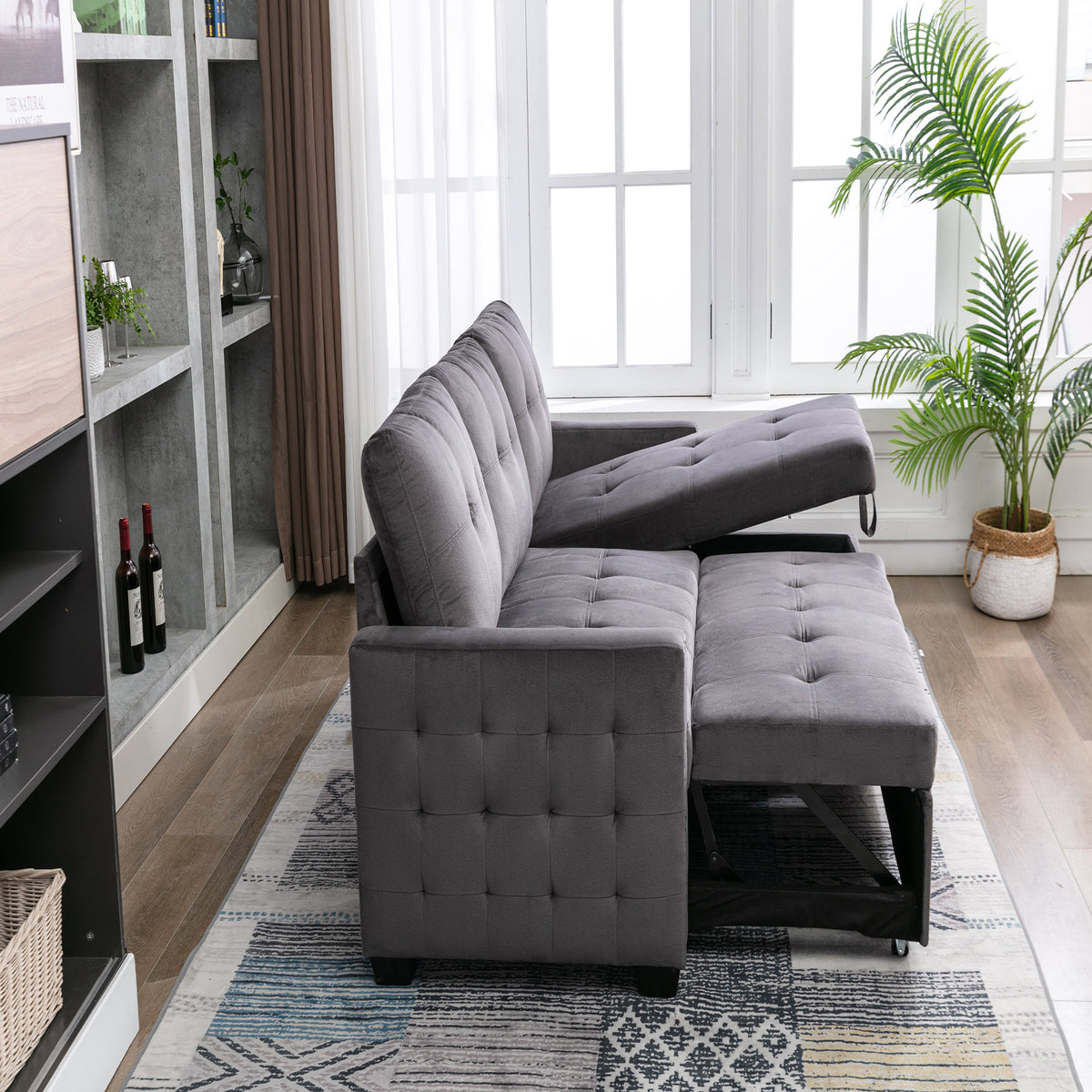 Gray Velvet Reversible Sleeper Sofa with Storage Chaise T505145