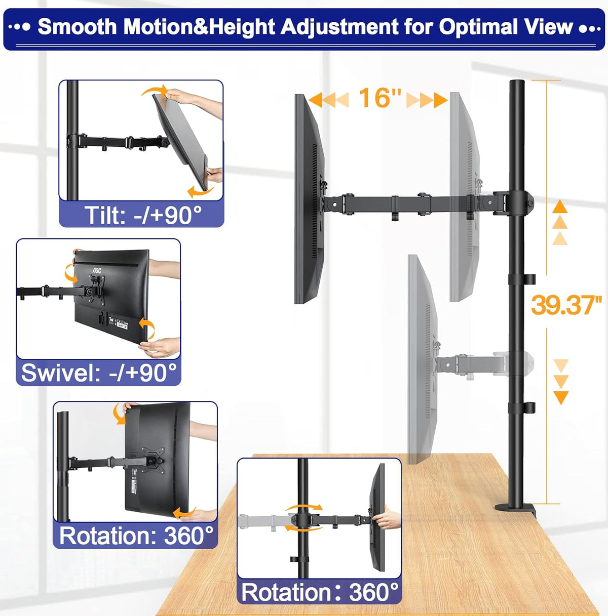 Single Monitor Mount 13-35 Inch, 39 Inch Tall, Fully Adjustable Arm, Pack of 2 Z802