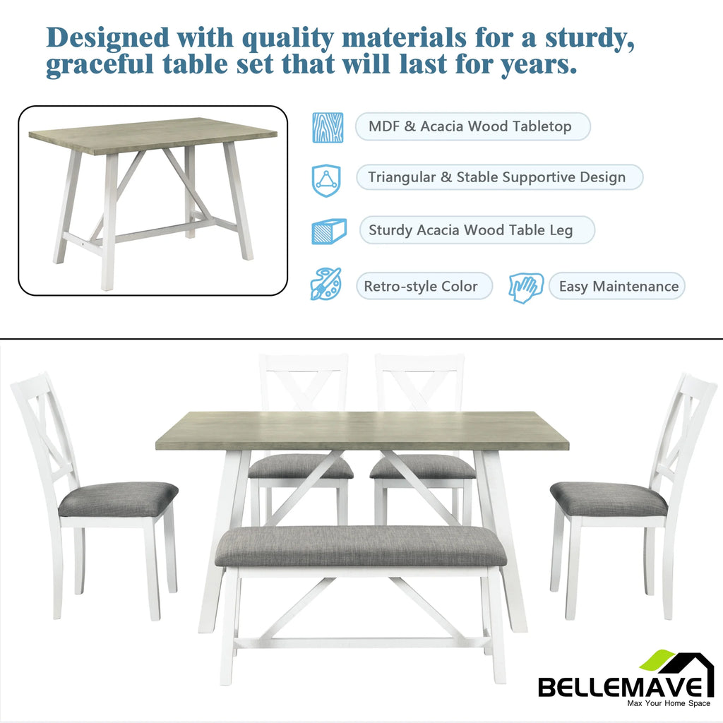White 6 Piece Wood Counter Height Dining Table Set with 4 Chairs and a Bench L168