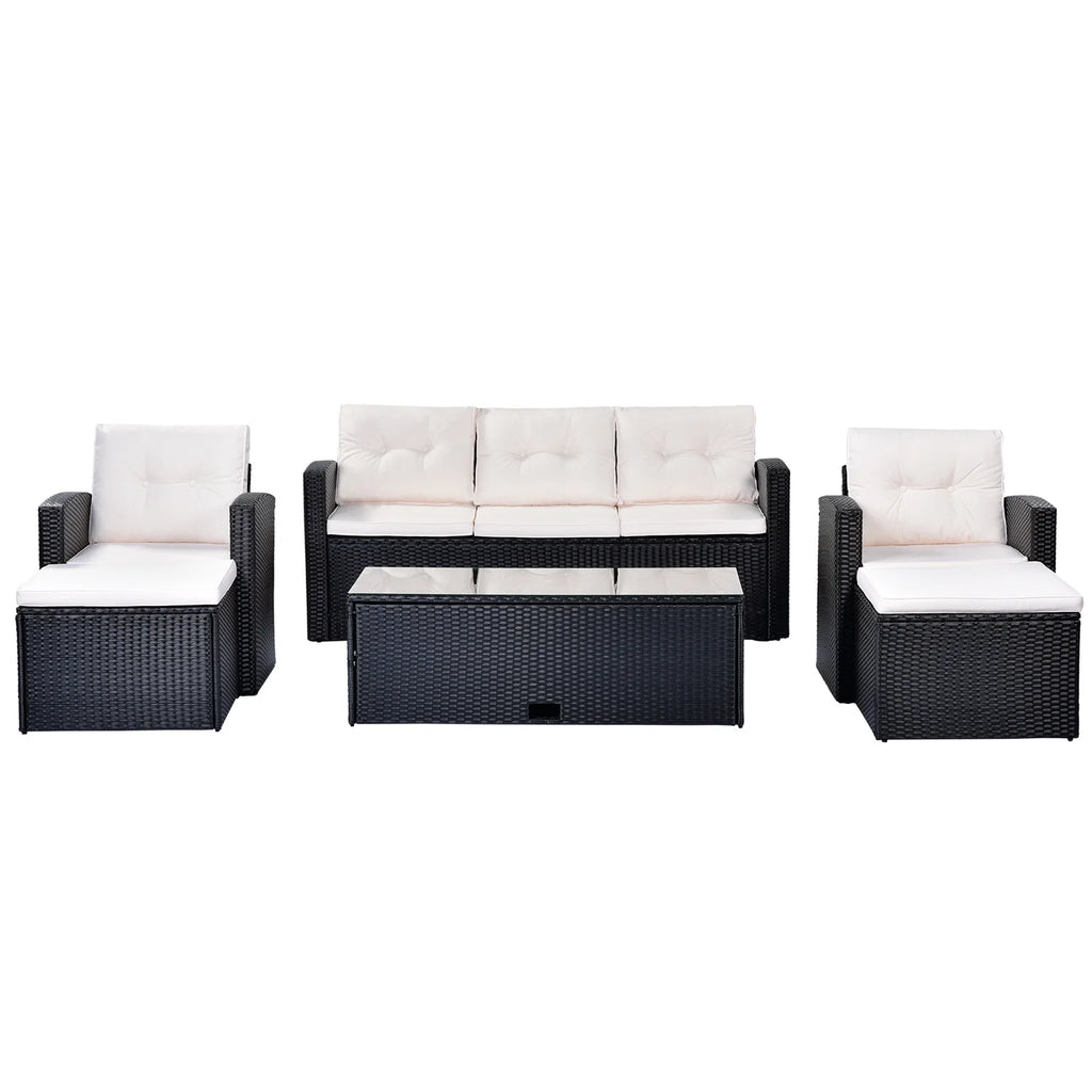 6pcs Outdoor Patio Furniture Set with Coffee Table, Wicker Sofas, Ottomans, Removable Cushions (Beige) R94336