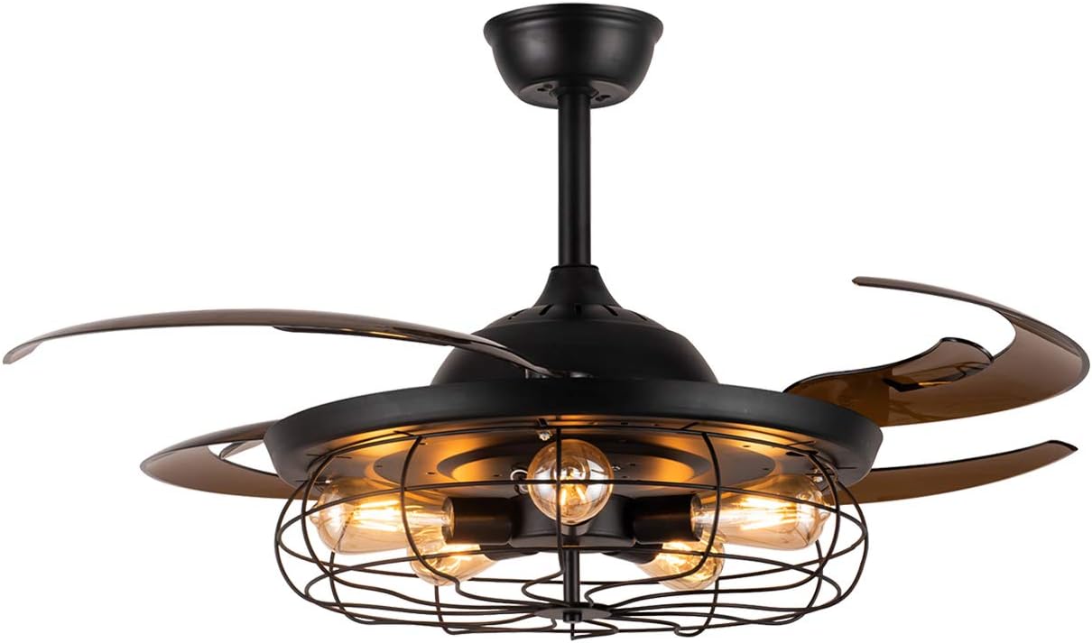 Black Vintage Cage Retractable Blades Ceiling Fan A972712