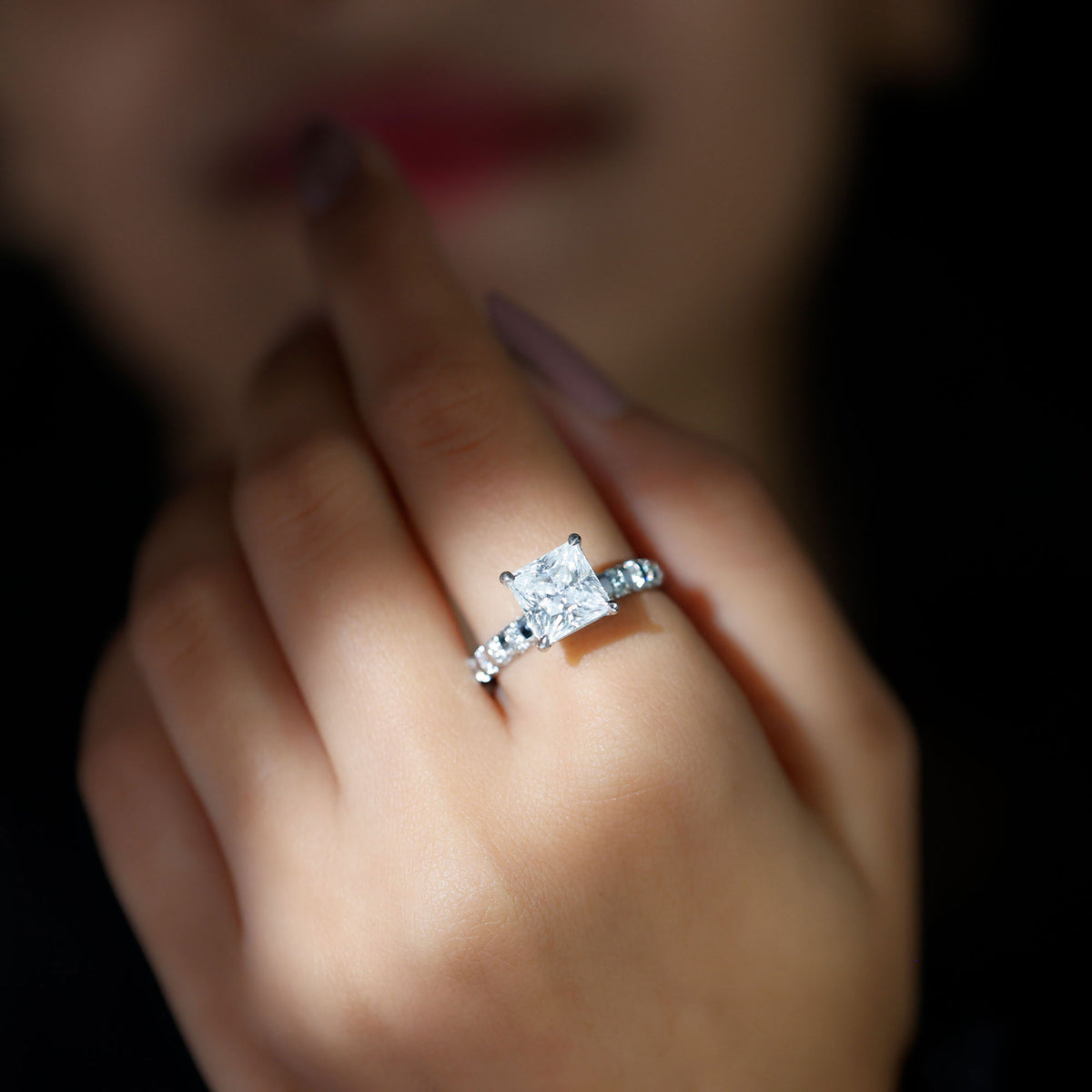Princess Cut Moissanite Solitaire Engagement Ring with Side Stones, 925 Sterling Silver K218