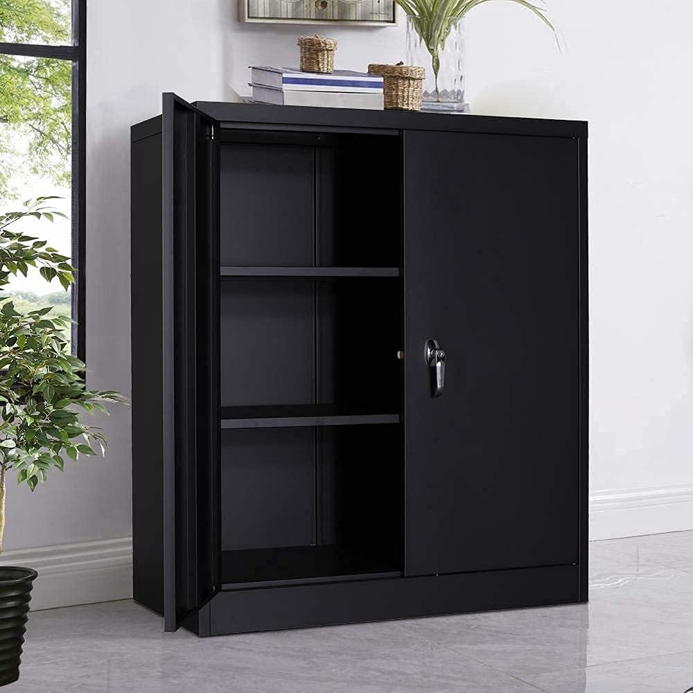 Black 70.8 H Metal Storage Cabinet with 4 Adjustable Shelf and 2 Locking Doors P921