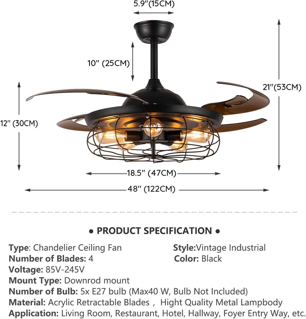 Black Vintage Cage Retractable Blades Ceiling Fan A972712