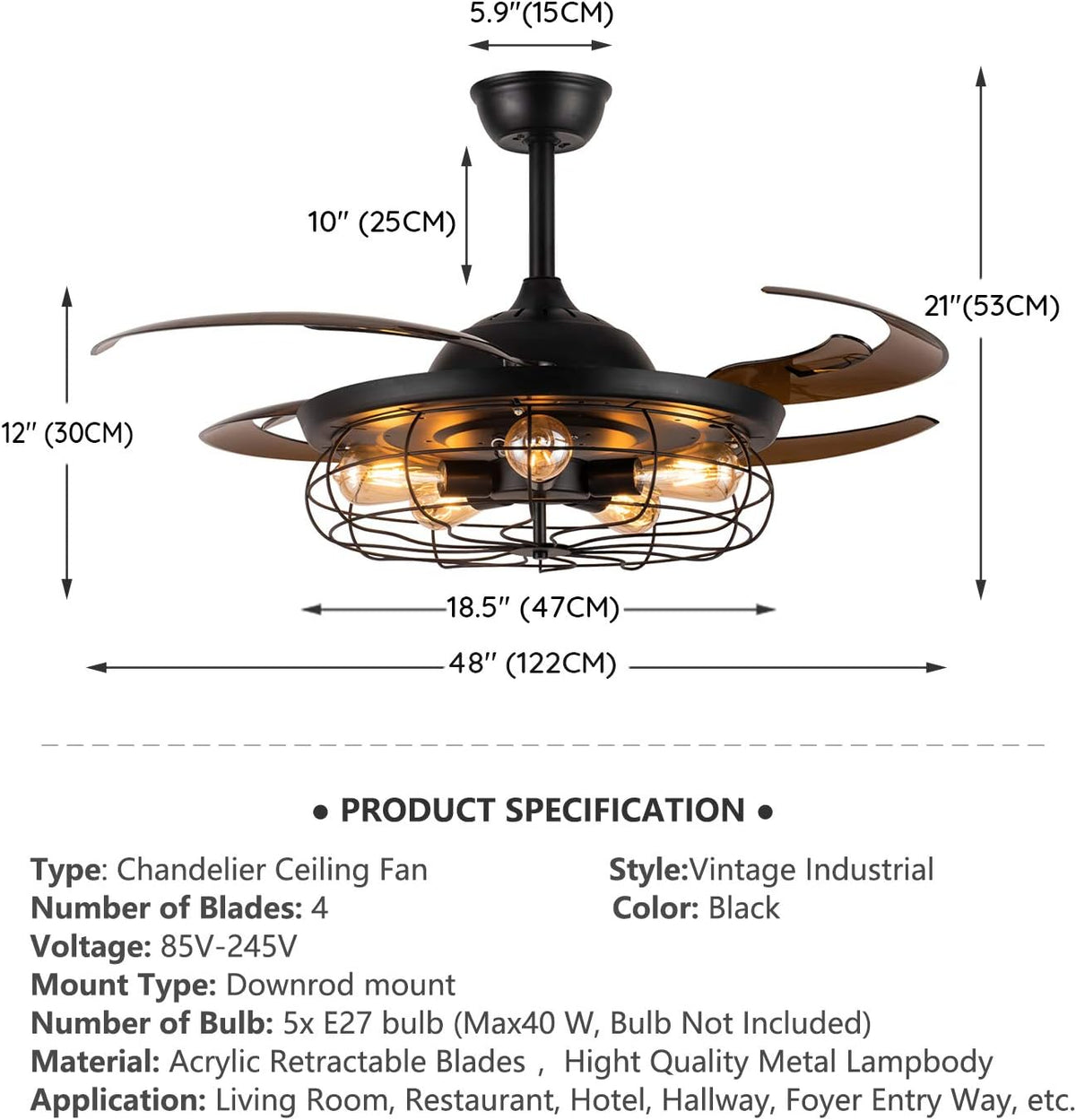 Black Vintage Cage Retractable Blades Ceiling Fan A972712