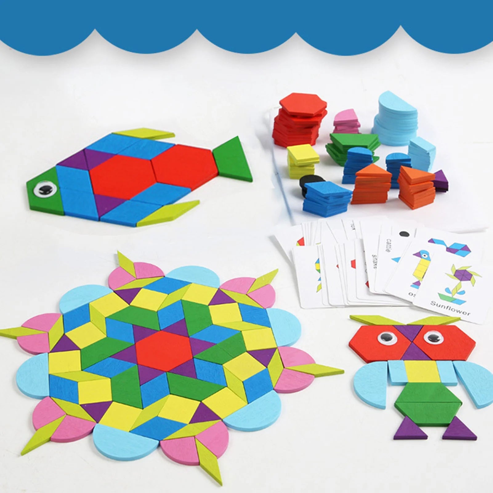 Wooden Pattern Blocks Geometric Shapes Toy with Cards H752204