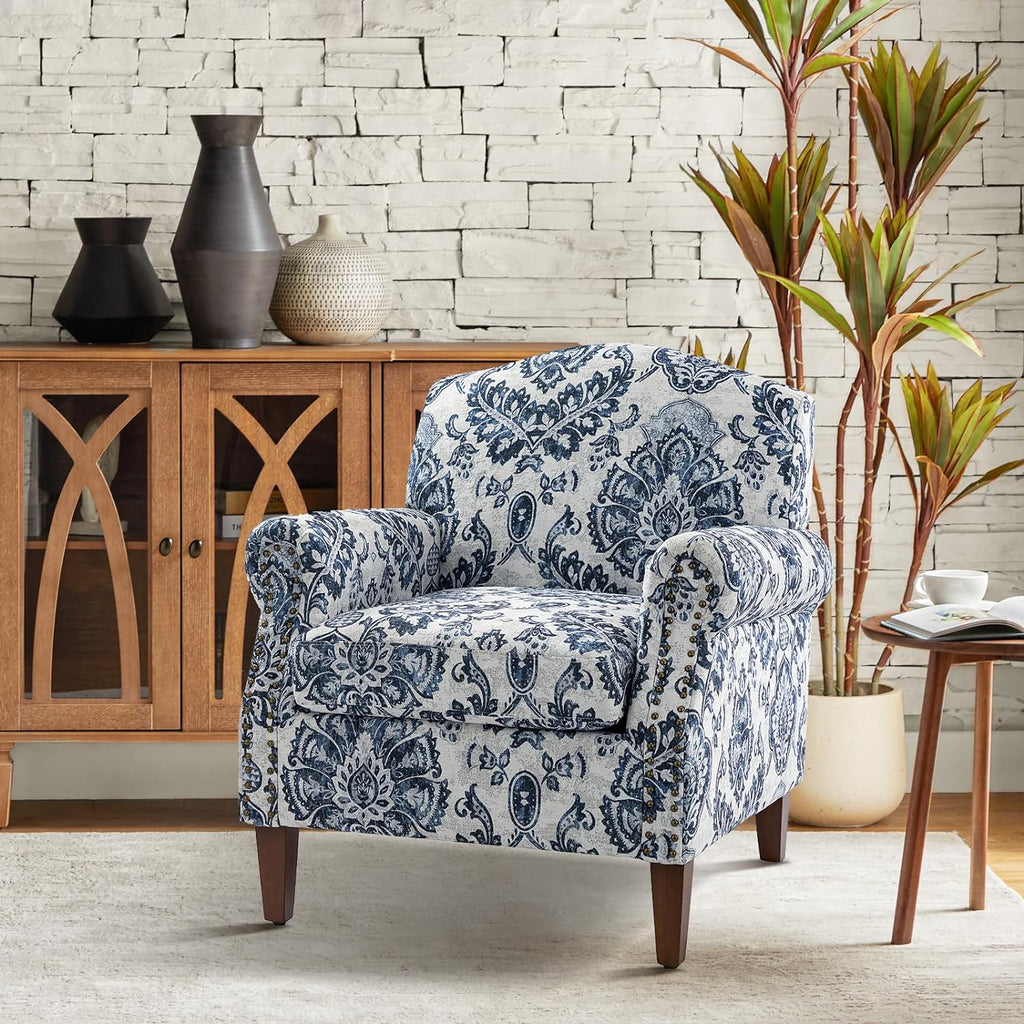 Navy Accent Chair with Wood Legs and Removable Cushion N214