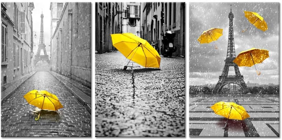 3 Pieces Paris Canvas Prints Black and White Eiffel Tower with Yellow Umbrellas Stretched Gallery Canvas Wrap Giclee Print Ready to Hang K933377