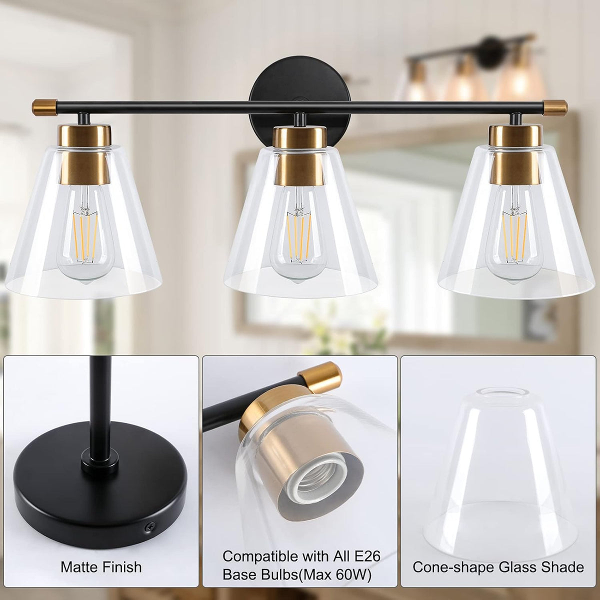 2-Light Matte Black Wall Sconce with Clear Glass Shade and Gold Base Z5069