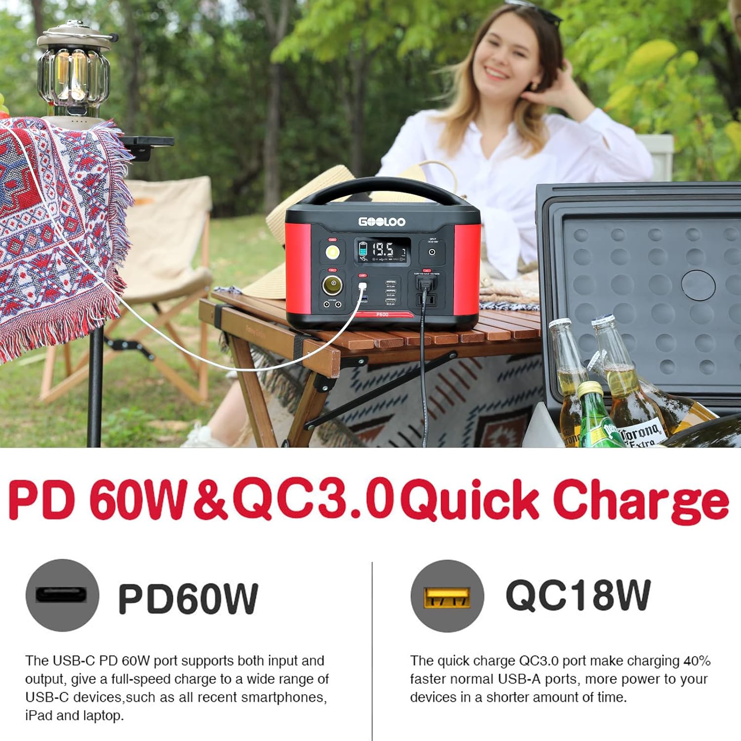 Portable Power Station 626Wh 600W AC Outlets Lithium Battery Y911
