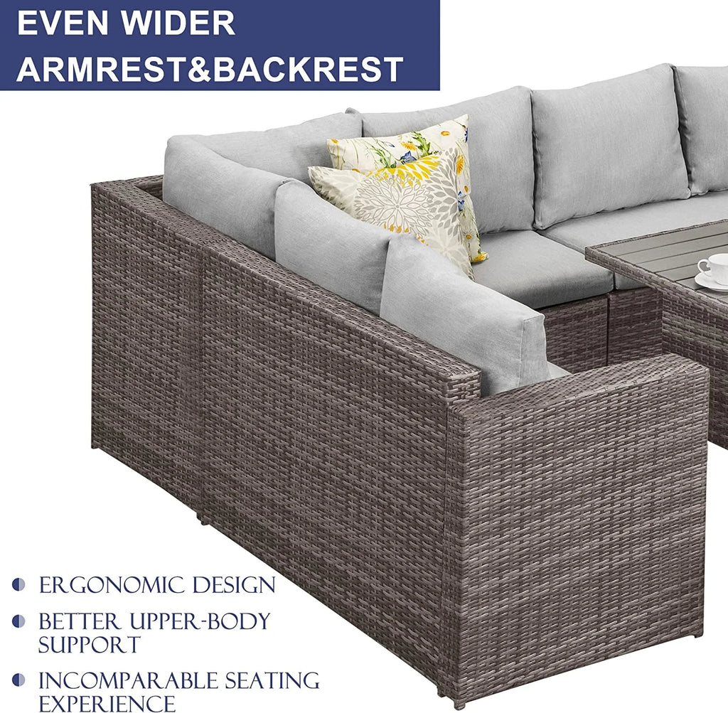 7 Piece Outdoor Dining Sectional Sofa with Dining Table and Chair Grey H460