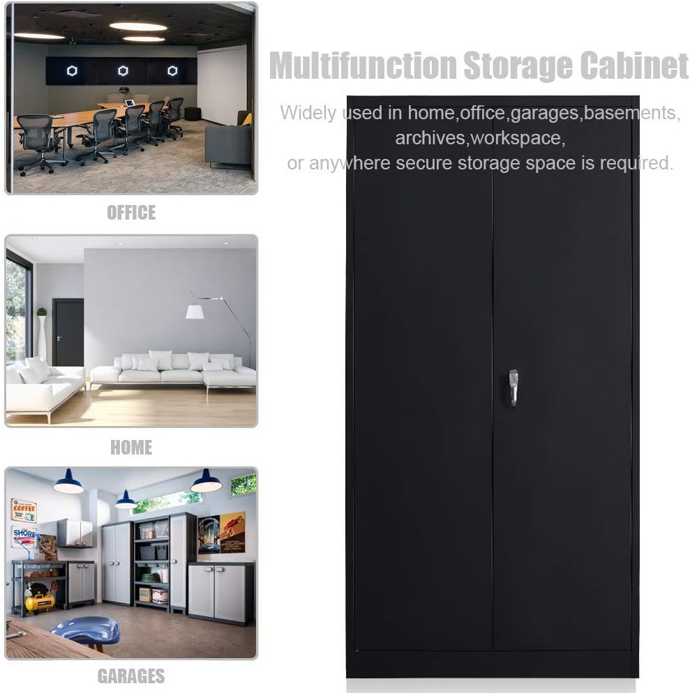 Black 70.8 H Metal Storage Cabinet with 4 Adjustable Shelf and 2 Locking Doors P921