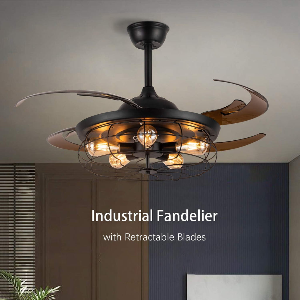 Black Vintage Cage Retractable Blades Ceiling Fan A972712