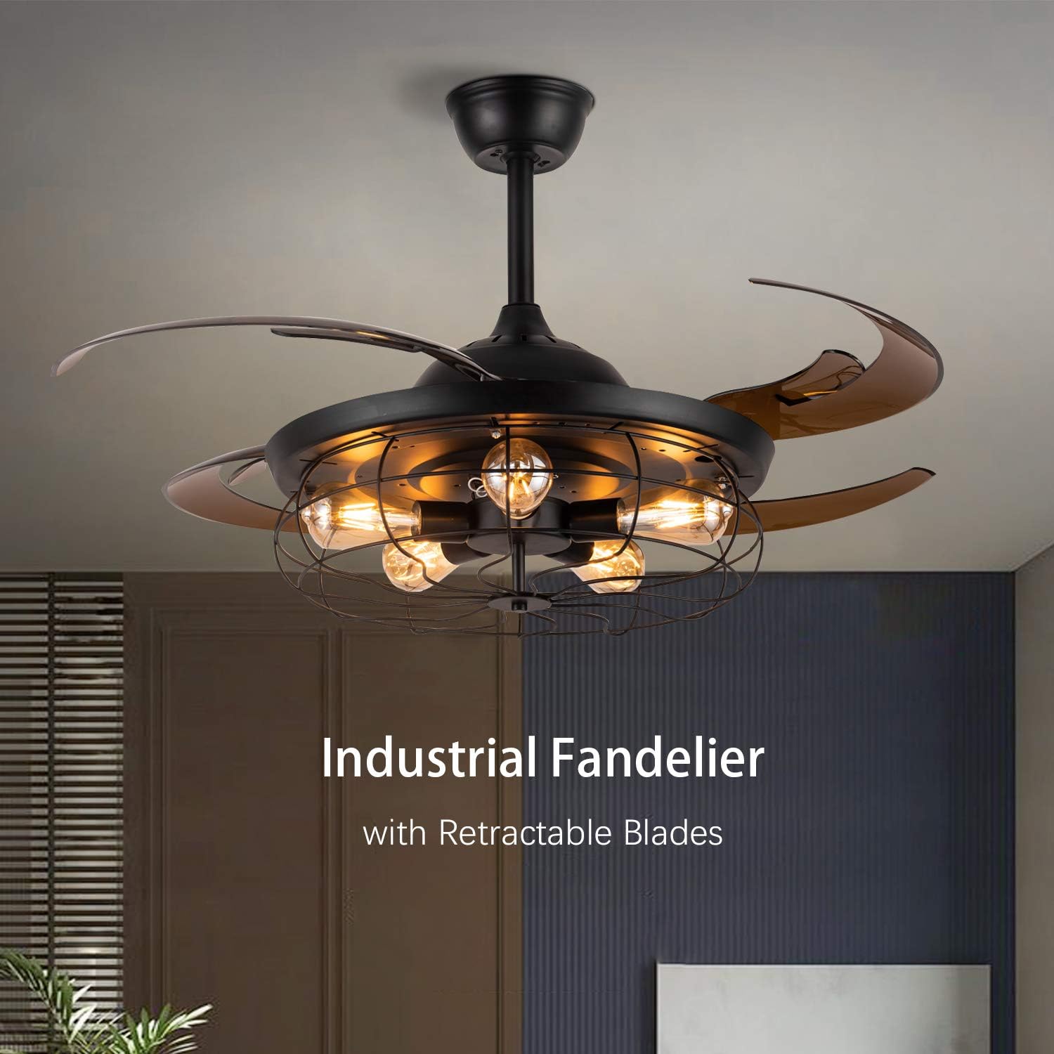 Black Vintage Cage Retractable Blades Ceiling Fan A972712