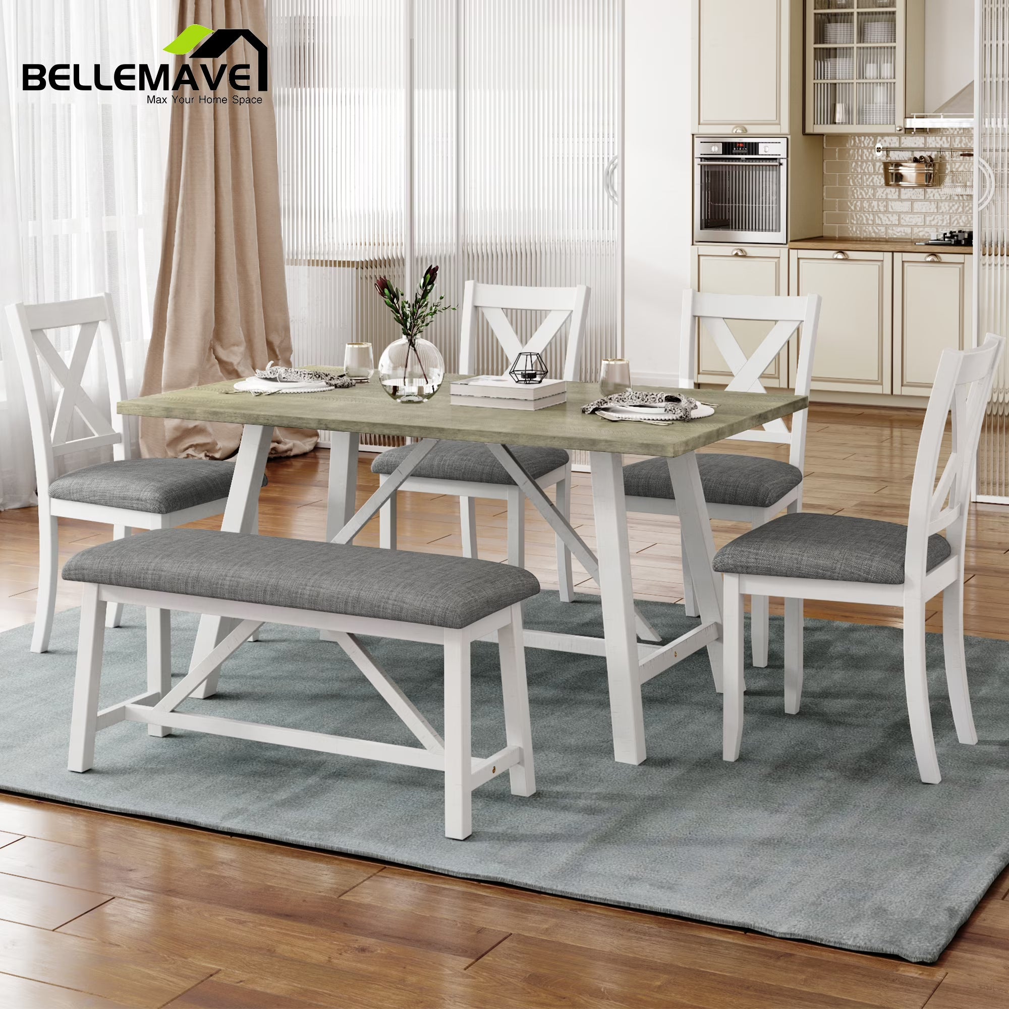 White 6 Piece Wood Counter Height Dining Table Set with 4 Chairs and a Bench L168