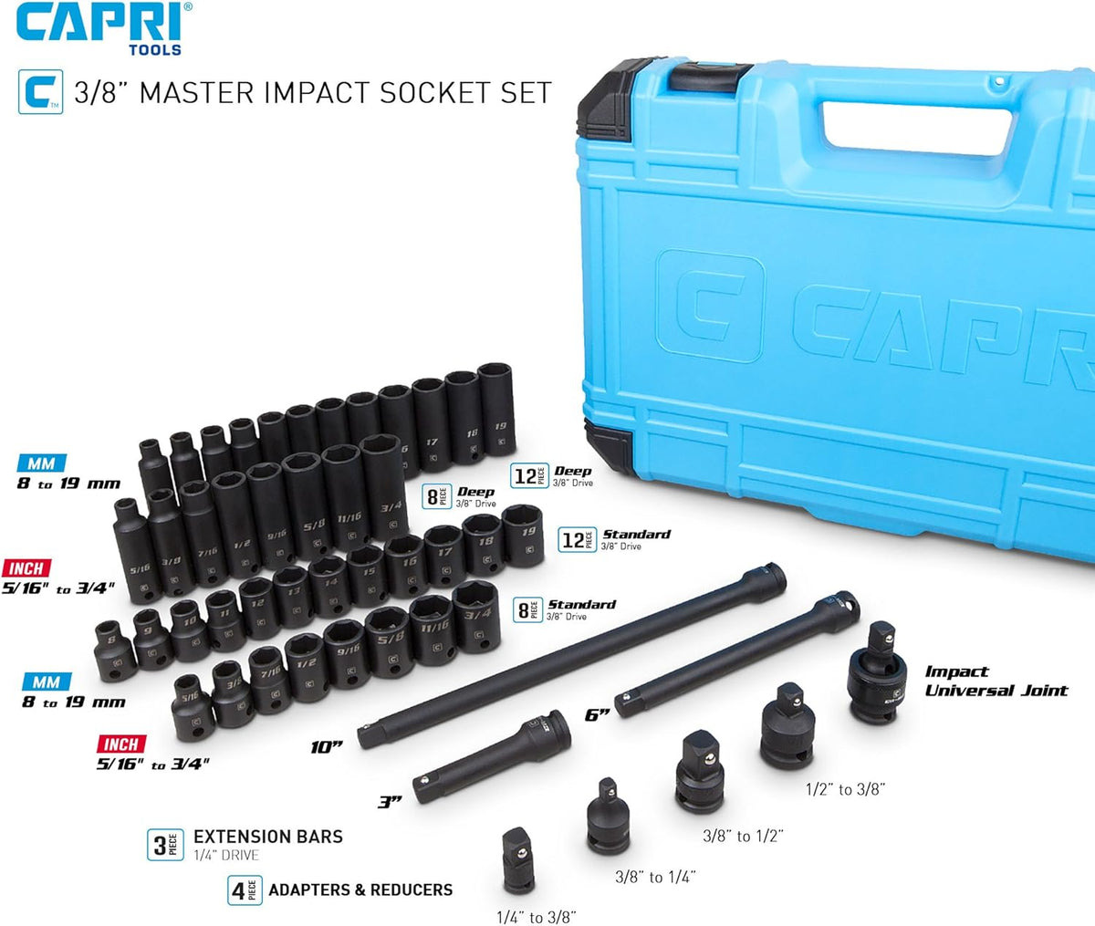 3/8-Inch Drive 48-Piece Impact Socket Set with Adapters and Extensions H161
