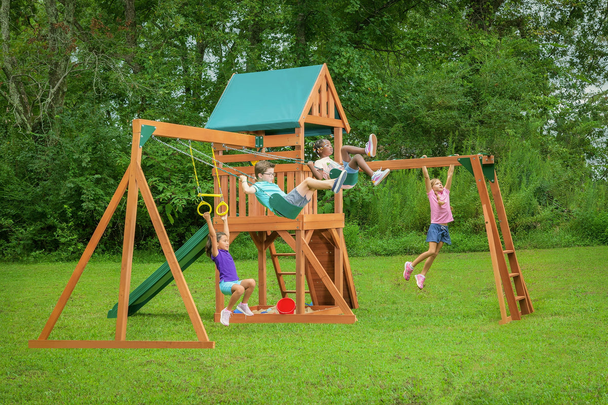 Wooden Swing Sets with Tarp Roof & Green Slide Z373