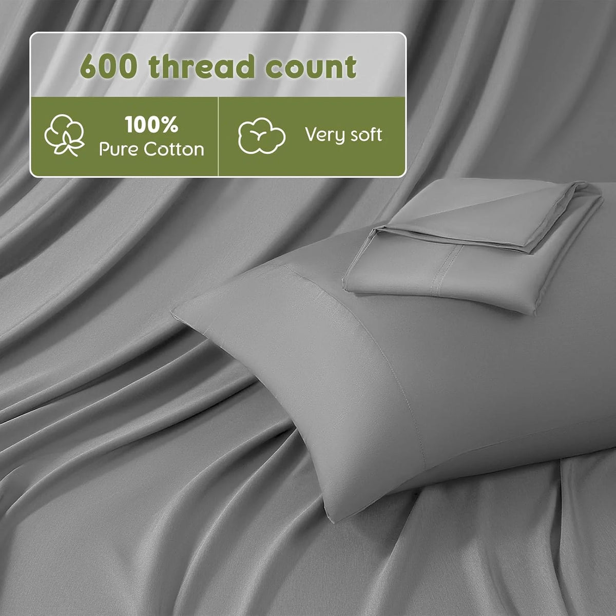 King Size 600 Thread Count Cotton Bed Sheet Set 4 PC Grey J7646