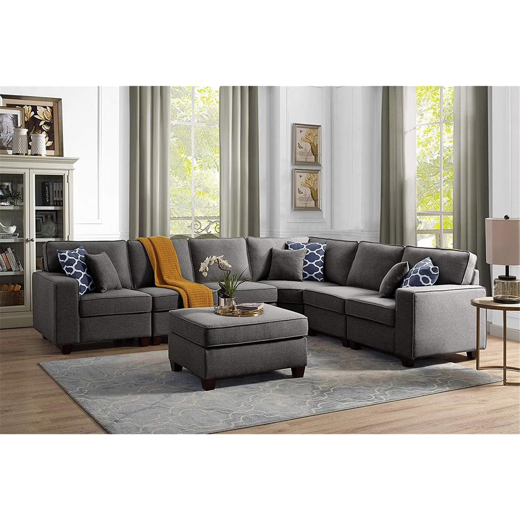Dark Gray Linen 7Pc Modular Sectional Sofa and Ottoman W583960