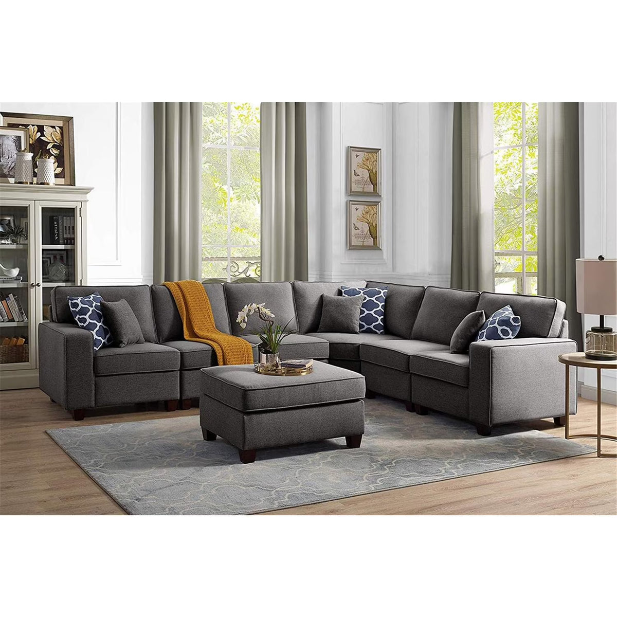 Dark Gray Linen 7Pc Modular Sectional Sofa and Ottoman W583960