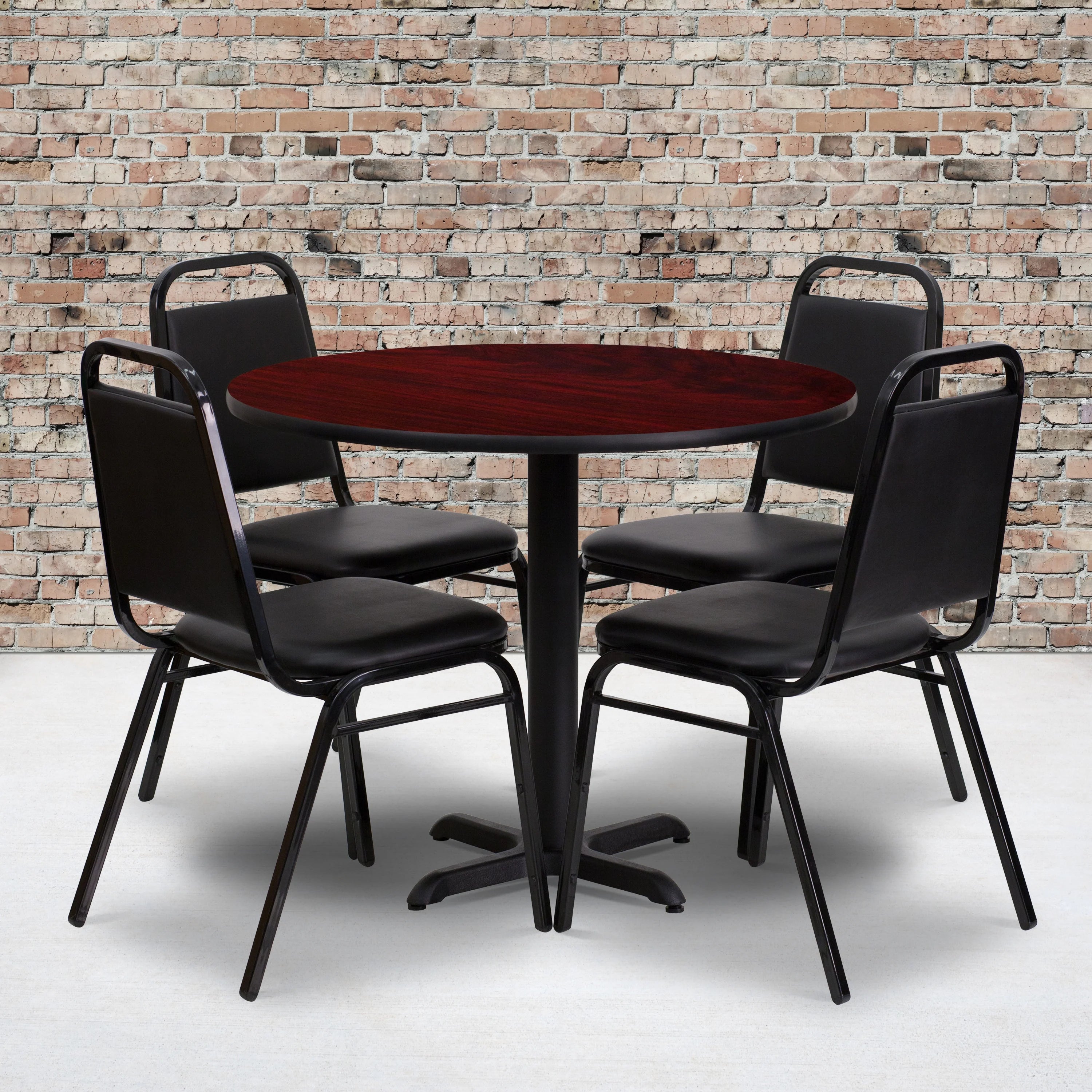 36'' Round Mahogany Laminate Table Set with 4 Black Banquet Chairs G43679