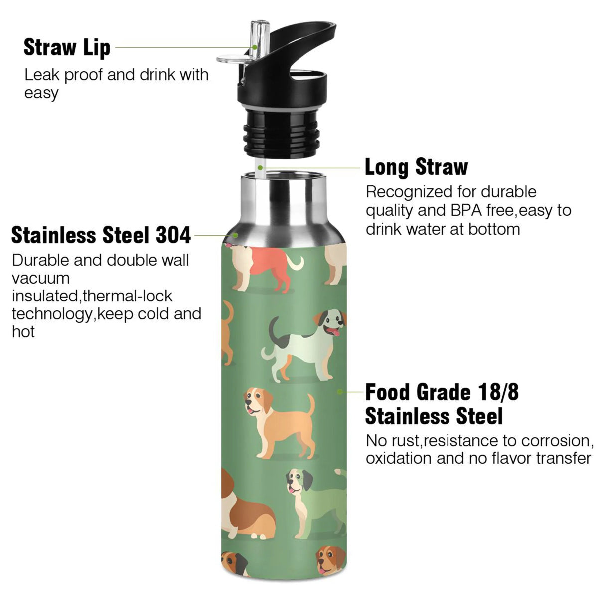 Green Insulated Stainless Steel Water Bottle with Straw Lid 20 oz R54354