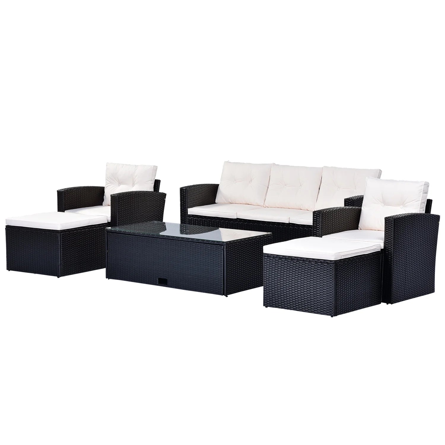 6pcs Outdoor Patio Furniture Set with Coffee Table, Wicker Sofas, Ottomans, Removable Cushions (Beige) R94336
