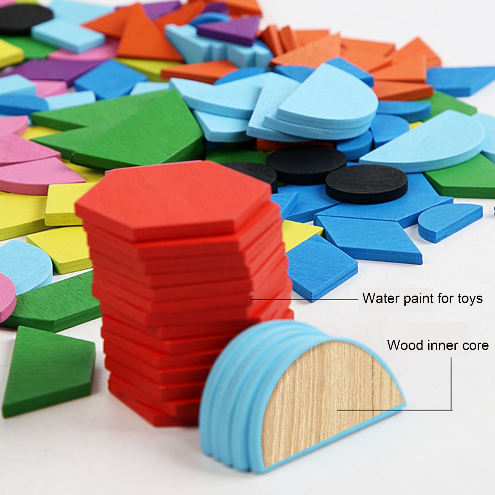 Wooden Pattern Blocks Geometric Shapes Toy with Cards H752204
