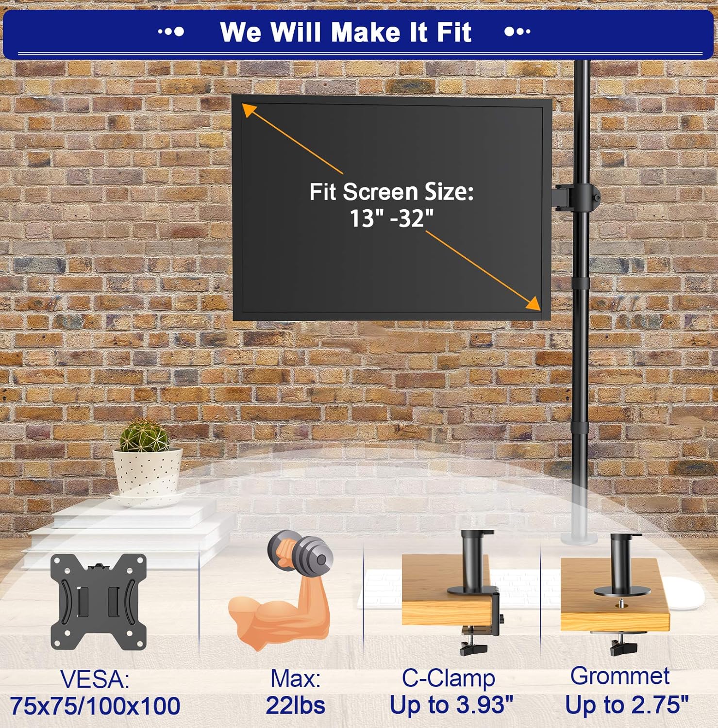 Single Monitor Mount 13-35 Inch, 39 Inch Tall, Fully Adjustable Arm, Pack of 2 Z802