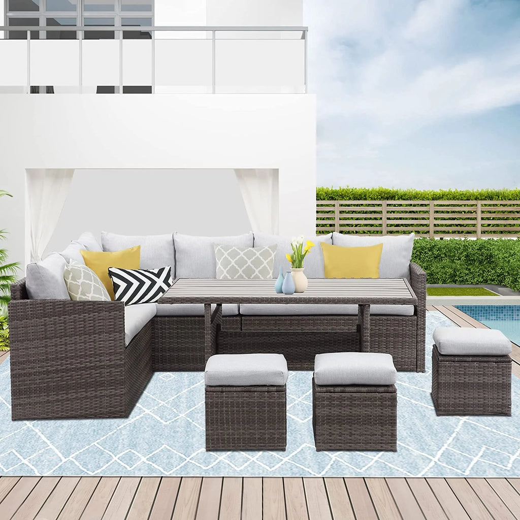 7 Piece Outdoor Dining Sectional Sofa with Dining Table and Chair Grey H460