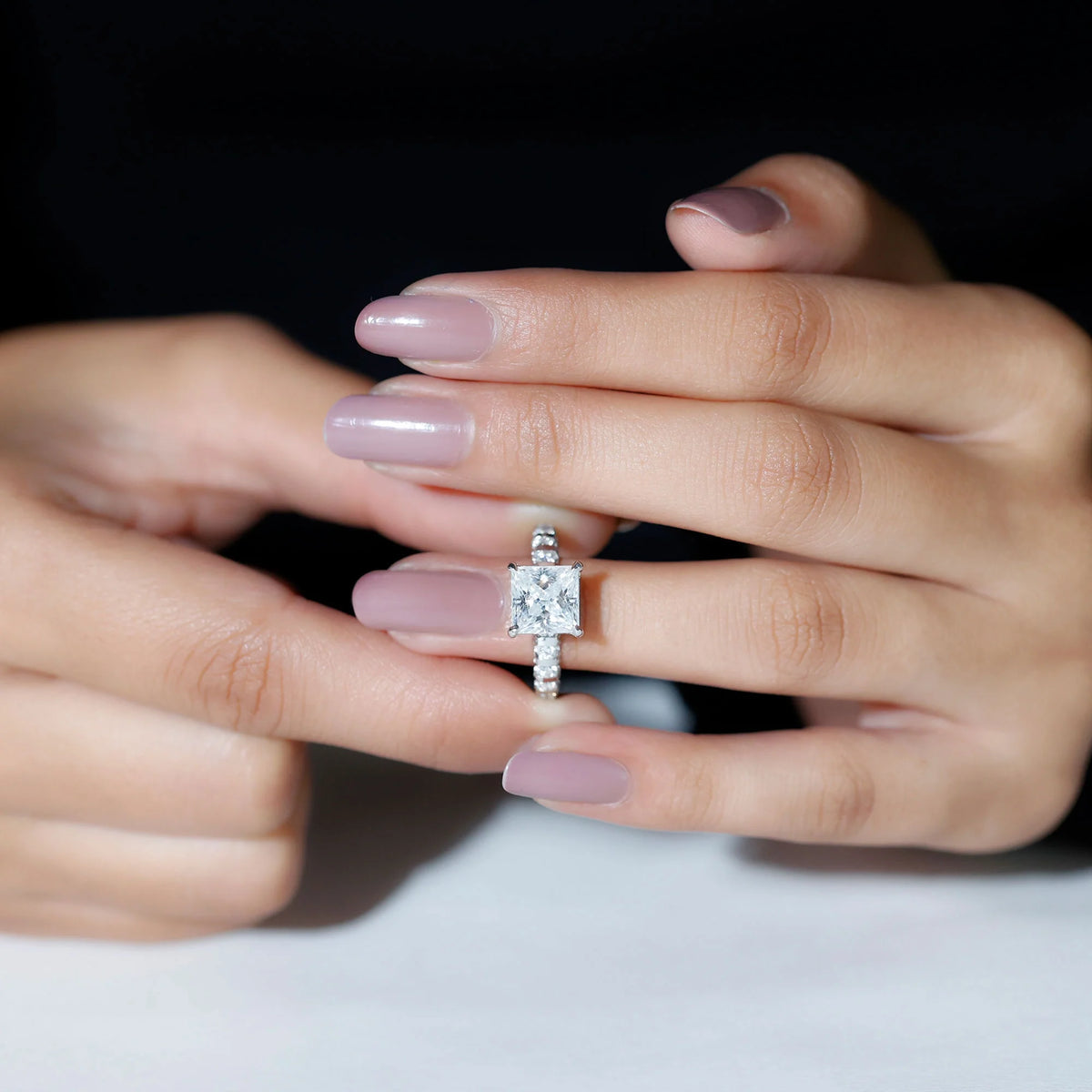 Princess Cut Moissanite Solitaire Engagement Ring with Side Stones, 925 Sterling Silver K218