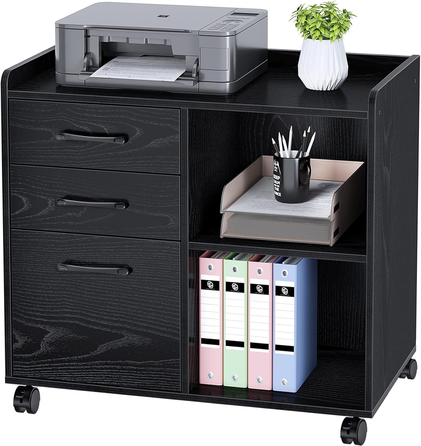 Black 3-Drawer Mobile File Cabinet with Open Storage Shelf Q62183