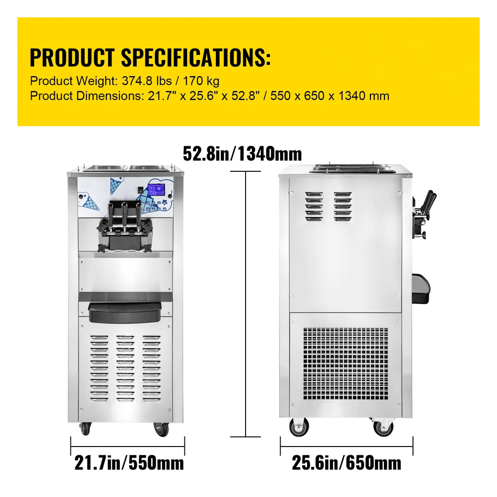 Commercial Ice Cream Maker 2500W with Two 12L Hoppers Soft Serve Machine with 3 Flavors Compressor LCD Panel G78419