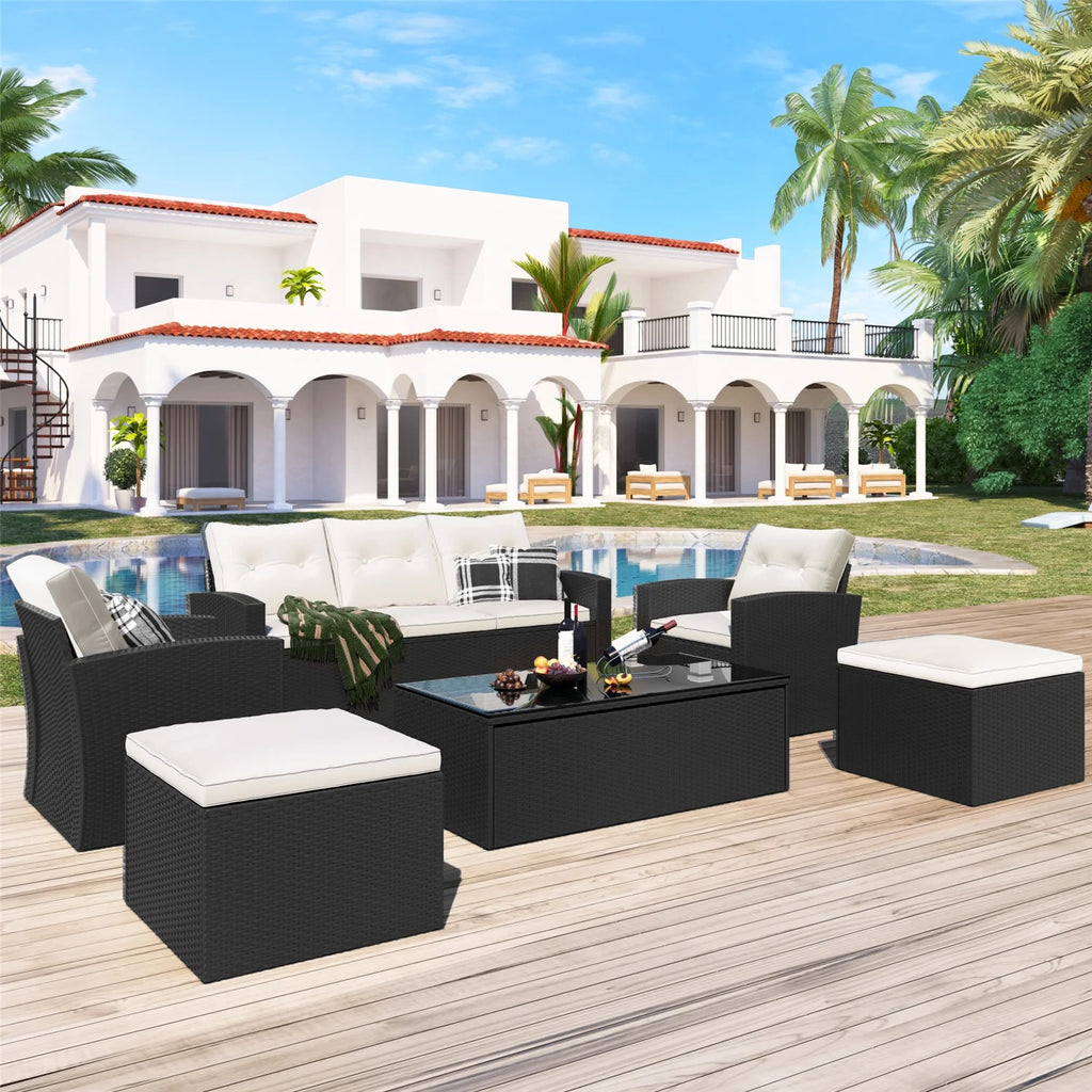 6pcs Outdoor Patio Furniture Set with Coffee Table, Wicker Sofas, Ottomans, Removable Cushions (Beige) R94336