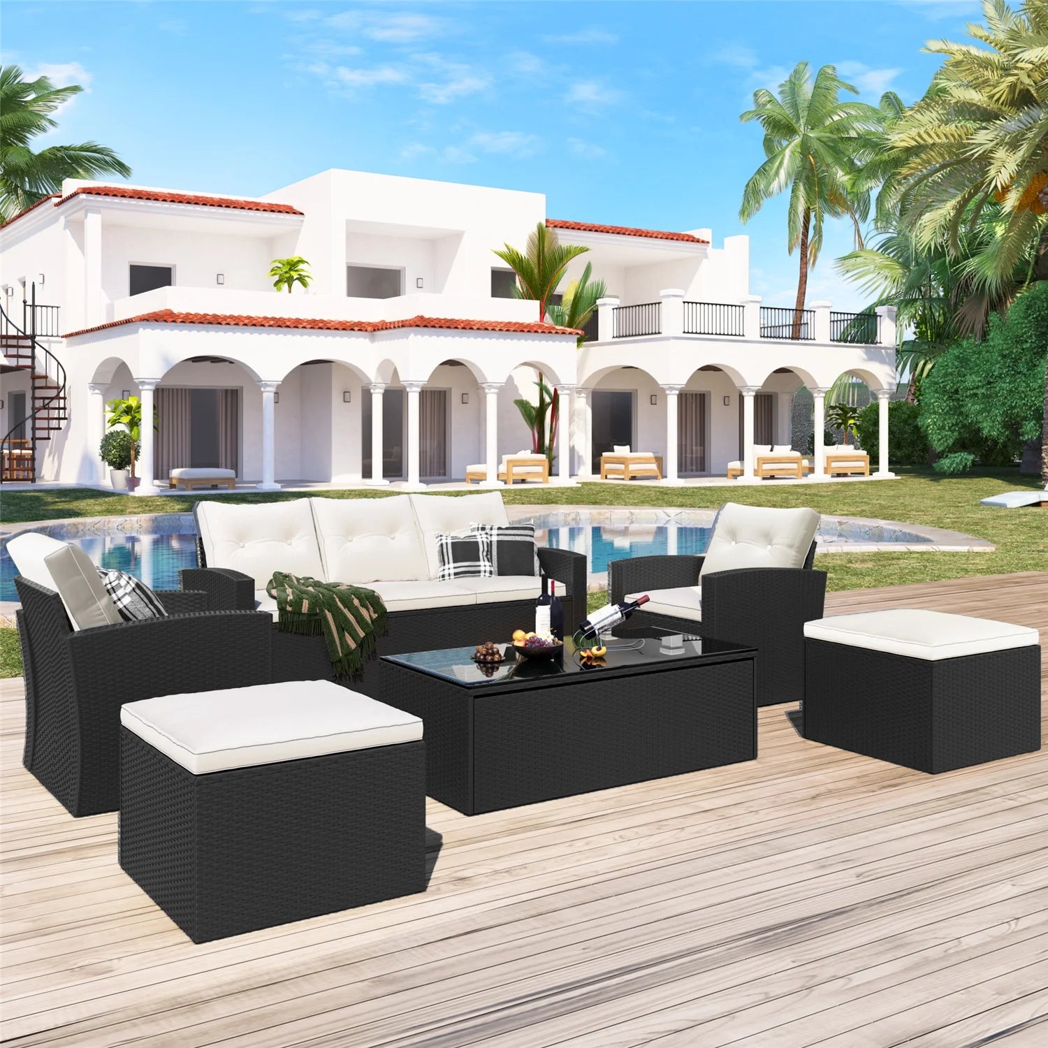 6pcs Outdoor Patio Furniture Set with Coffee Table, Wicker Sofas, Ottomans, Removable Cushions (Beige) R94336