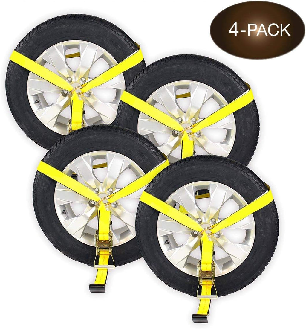 4 Pack Car Wheel Lasso Straps with Flat Hook and Ratchet X7398