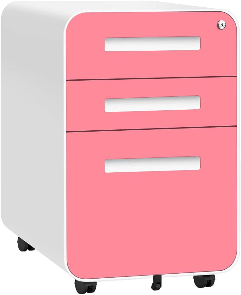 Pink 3 Drawer Rolling File Cabinet with Lock and Wheels, Metal Steel Frame L174